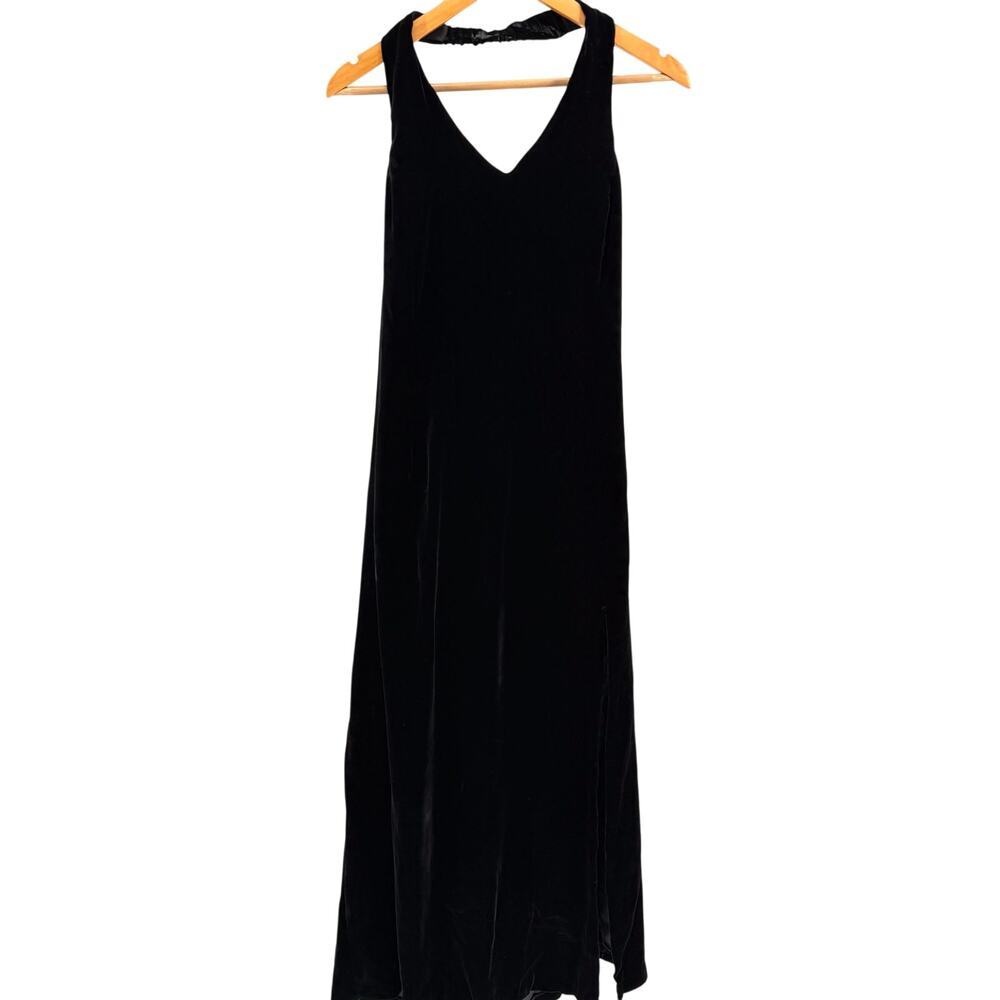 Vintage Y2K Handmade Black Velvet Side Slit Halter Maxi Dress